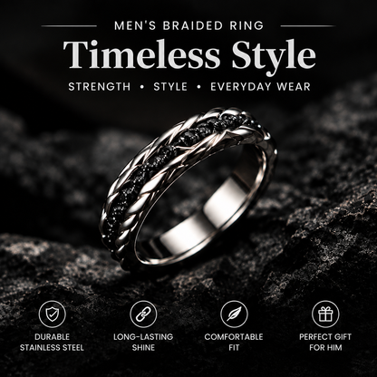 Men's Braided Black Stone Stainless Steel Ring