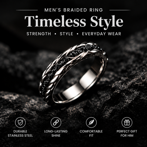 Men's Braided Black Stone Stainless Steel Ring