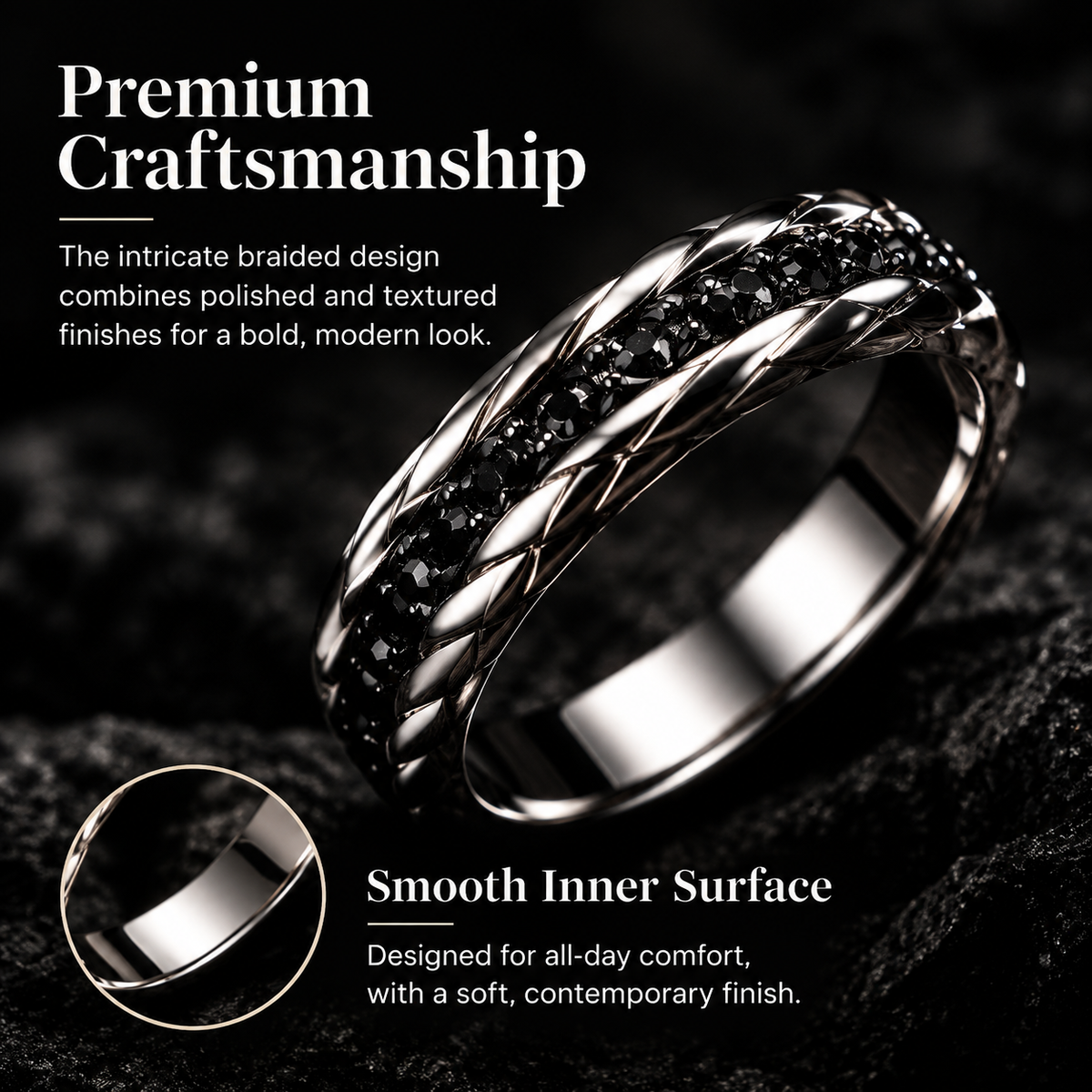Men's Braided Black Stone Stainless Steel Ring