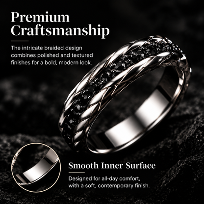 Men's Braided Black Stone Stainless Steel Ring
