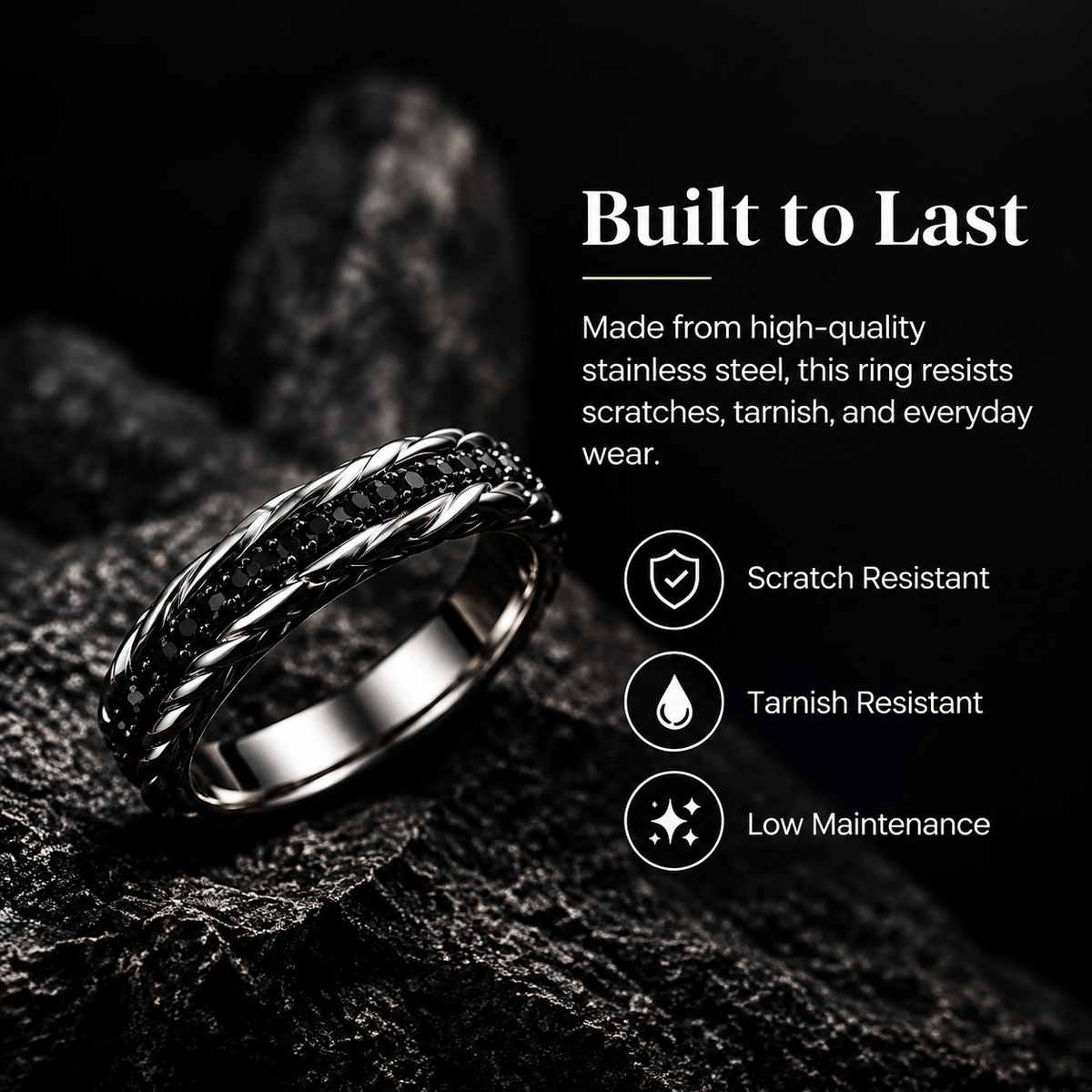 Men's Braided Black Stone Stainless Steel Ring