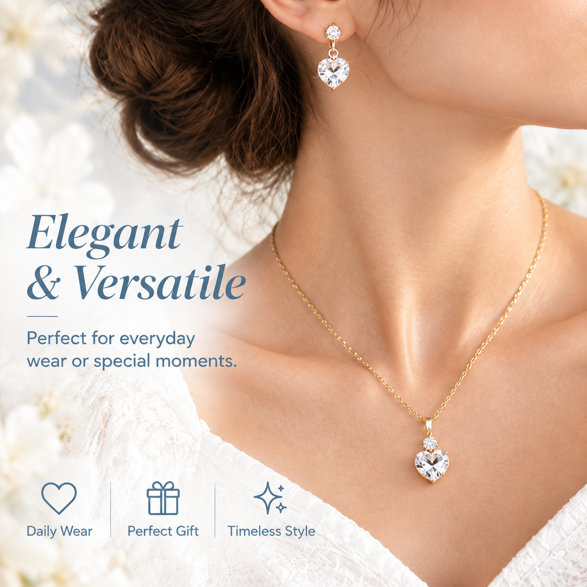 Heart-Shaped Cubic Zirconia Necklace & Earrings Set
