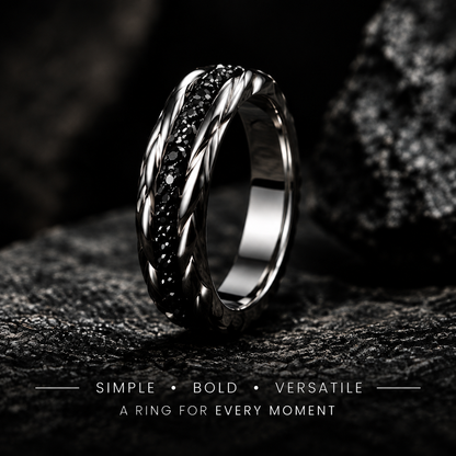 Men's Braided Black Stone Stainless Steel Ring